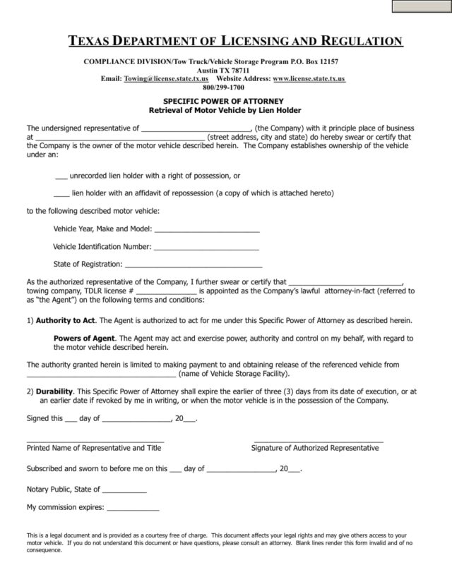 Lien Holder Power of Attorney