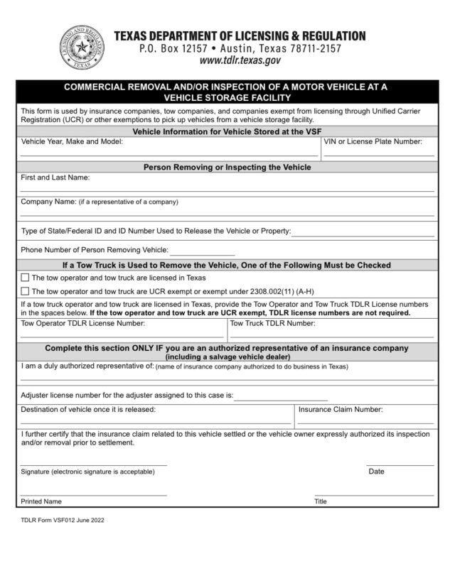 VSF012 Commercial Removal and or Inspection VSF Form
